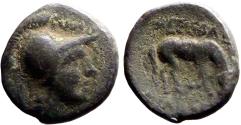 Ancient Coins - Thessalian League AE16 Chalkous.  Athena / Horse