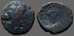 Ancient Coins - Macedon. Thessalonica. AE22 Dionysos / Grape cluster