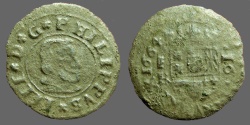 World Coins - Philip IV AE25 (16) Maravedis. Bust rt / Crowned Shield. 1664 