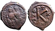 Ancient Coins - Justin II and Sophia  AE23 half Follis. Nikomedia.  year 11