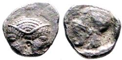 Ancient Coins - Mysia, Lampsakos AR9.5 Obol. Janiform female / Helmeted Athena