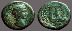 Ancient Coins - Trajan AE19 Lydia.  statue of Artemis in temple, drawing arrow
