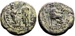 Ancient Coins - Tiberius AE18 Lydia. Sardeis. Tiberius raising kneeling Tyche / Livia as Demeter
