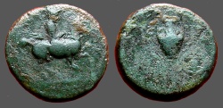 Ancient Coins - Krannon, Thessaly AE16 dichalkon  horseman galloping rt, w. petasos /  KPA, hydria mounted on cart.