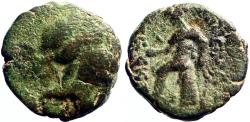 Ancient Coins - Seleukos III Soter  AE14 Apollo / Apollo testing arrow, seated on omphalos