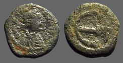 Ancient Coins - Justinian I AE pentanummium. Large 'E' w. Cross at right.  Constantinople.