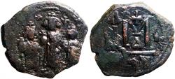 Ancient Coins - Heraclius AE27 Follis. Heraclius w. wife and son. Constantinople
