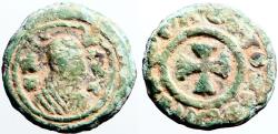 Ancient Coins - Kings of Axum. Ezanas AE13 draped bust w. headcloth / Cross in circle