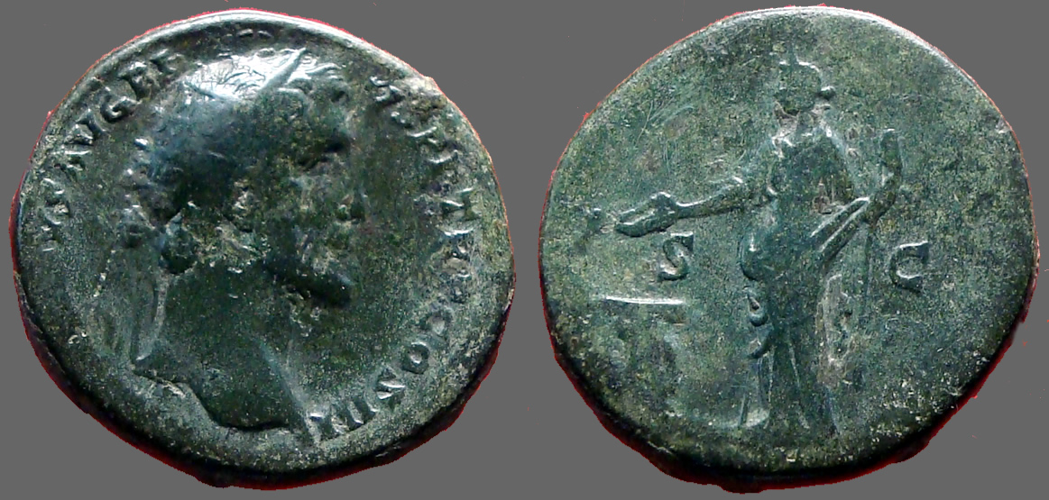 Antoninus Pius AE26 Dupondius. Salus w. staff, feeding snake