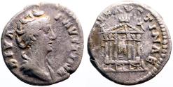 Ancient Coins - Faustina Senior AR17 Denarius.  Hexastyle temple of Diva Faustina with statue inside