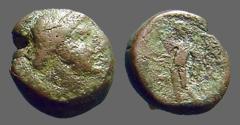Ancient Coins - Antiochus III AE14 Hd of Apollo / Apollo standing left, holds arrow and bow. 