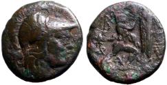 Ancient Coins - Kings of Macedon. Antigonos II Gonatas AE18 Athena / Pan erecting trophy
