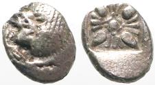 Ancient Coins - Ionia, Miletos AR9 diobol. Lion / incuse Stellate pattern