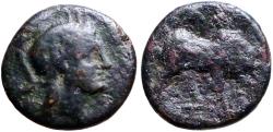 Ancient Coins - Southern Lucania, Thourioi AE12 Athena / Bull charging