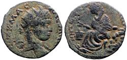 Ancient Coins - Severus Alexander AE24.5 Mesopotamia, Edessa. Tyche on rocks holds grain over altar