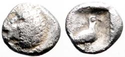 Ancient Coins - Ionia, Miletos AR5.5 Tetartemorion. Roaring Lion / Eagle within incuse square
