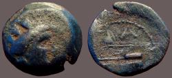 Ancient Coins - Phoenicia, Arados AE17 Turreted bust of Tyche / Galley Prow with fighting Athena