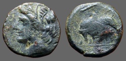 Ancient Coins - Sicily Syracuse AE17  Hieron II.  Persephone / Bull butting 