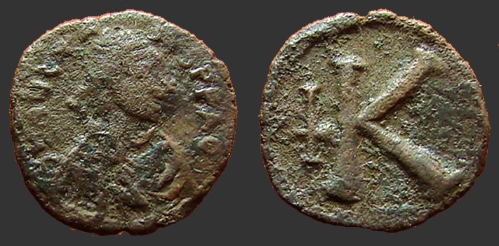 Ancient Coins - Byzantine imitative AE18 1/2 Follis.  K & upside down cross.