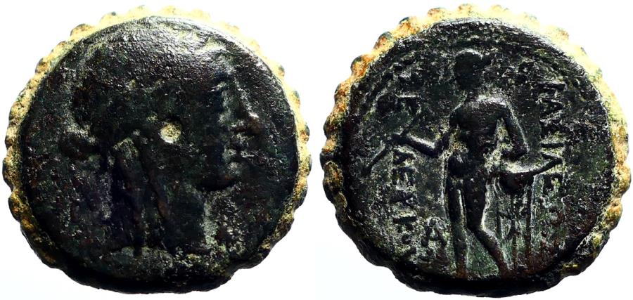 Ancient Coins - Seleukos IV Philopator AE21 Serrate.  Apollo w. tripod altar