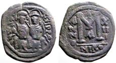 Ancient Coins - Justin II and Sophia  AE29 Follis. Nikomedia.  year 13