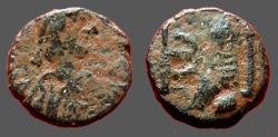 Ancient Coins - Justin I AE12 Pentanummium.  Tyche of Antioch in temple, River God below. 