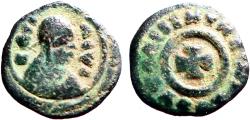 Ancient Coins - Kings of Axum. Ezanas AE13 draped bust w. headcloth / Cross in circle