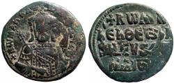 Ancient Coins - Romanus I AE26 Follis. Romanus w. transverse labarum and globus cruciger