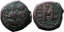 Ancient Coins - Justin II & Sophia AE27 Follis. Constantinople. year 4