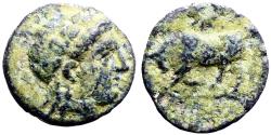 Ancient Coins - Mysia, Gambrion AE9 Apollo / Bull butting