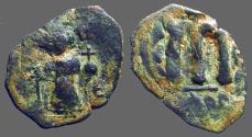 Ancient Coins - Constans II AE22 Follis, SB#1000.   Constans standing with long cross, and globus cruciger.