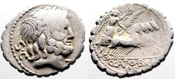 Ancient Coins - Roman Republic. Q. Antonius Balbus Serrate Denarius. Jupiter / Victory driving quadriga