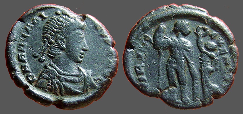 Ancient Coins - Arcadius AE3 (18mm) Victory holds wreath over Arcadius.  Antioch, Turkey 