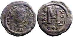 Ancient Coins - Justinian I AE33.5 Follis.  Facing bust.  Constantinople.  year 18