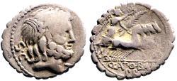 Ancient Coins - Roman Republic. Q. Antonius Balbus Serrate Denarius. Jupiter / Victory driving quadriga