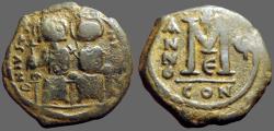 Ancient Coins - Justin II & Sophia AE28 Follis.  Constantinople.  year 5   Chi-Rho