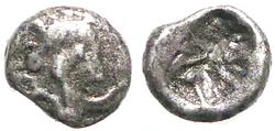 Ancient Coins - Cilicia, Uncertain. AR5 Tetartemorion.  King w. dagger and bow / Incuse punch