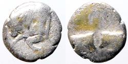 Ancient Coins - Caria, Uncertain mint. AR7 hemiobol. Bull / Bull's confronted