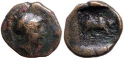 Ancient Coins - Phrygia, Kibyra AE12 helmeted Athena / Bull butting