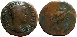 Ancient Coins - Marcus Aurelius as Divus AE30 Sestertius.  Marcus flying on eagle