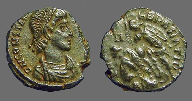 Ancient Coins - Constantius II AE3 Soldier spearing fallen horseman. Turkey. 