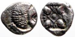 Ancient Coins - Ionia, Miletos AR10 diobol. Lion / incuse Stellate pattern