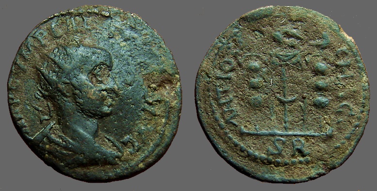 Ancient Coins - Volusian Æ24  Pisidia, Antioch.  Legionary eagle between two standards.