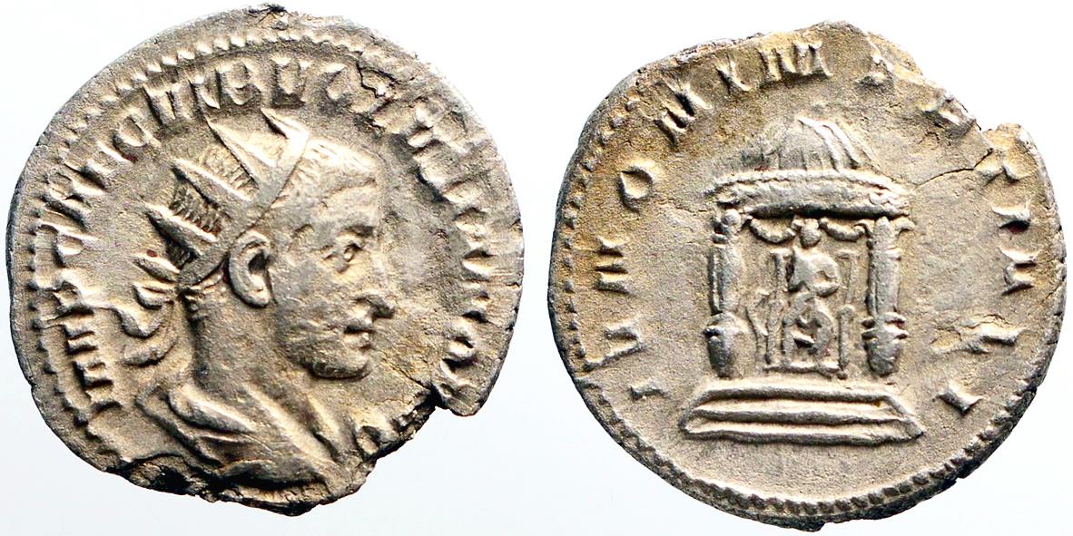 Volusian AR22 Antoninianus. Temple of Juno. Rome | Roman Imperial Coins