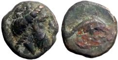 Ancient Coins - Caria, Mylasa AE10 Chalkous. Zeus Osogōs / Dolphin & trident