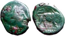 Ancient Coins - Southern Italy. Anonymous AE21 female w. ribbon in hair / Lion w. broken spear