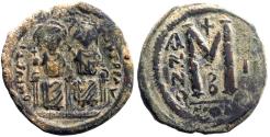 Ancient Coins - Justin II & Sophia AE28 Follis.  Constantinople. year 2.  officiana B