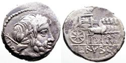 Ancient Coins - Roman Republic. L. Rubrius Dossenus Denarius.  Triumphal chariot
