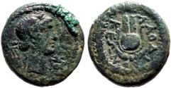 Ancient Coins - Phrygia, Laodicea ad Lycum. Pseudo-autonomous AE15 Apollo / Headdress of Isis