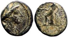 Ancient Coins - Seleukos III AE15 Artemis / Apollo Delphios seated on omphalos